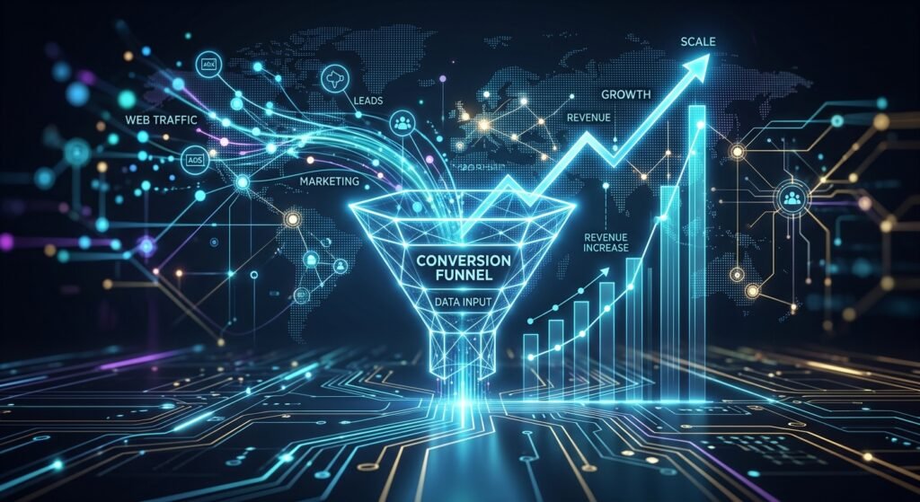 How to Scale Your Online Business with Worldprofit’s Silver & Platinum Systems conversion funnel diagram showing web traffic, marketing, and leads driving